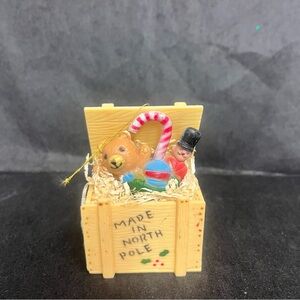 vintage christmas tree ornament wooden crate filled with christmas toys